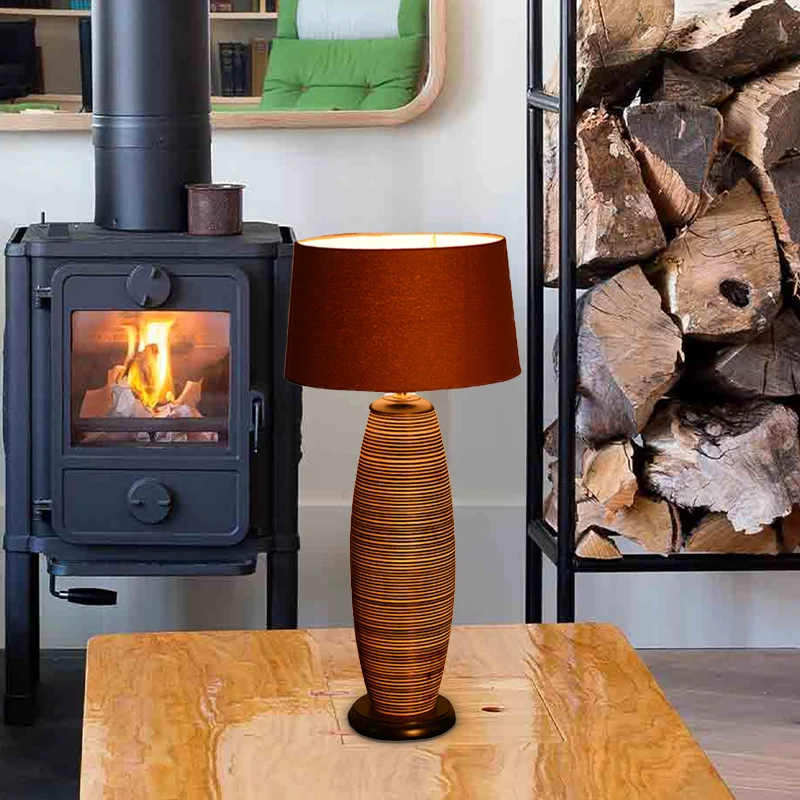 Ovale taakverlichting Azië hout 1 lamp koffie kleine bureaulamp met trommelstof kap Clearhalo
