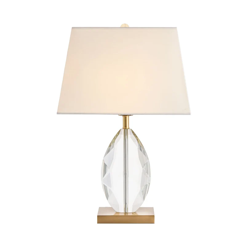 Ovale tafellamp met enkele lamp Traditionele witte kristallen nachtlamp met trapeziumvormige stoffen kap Clearhalo