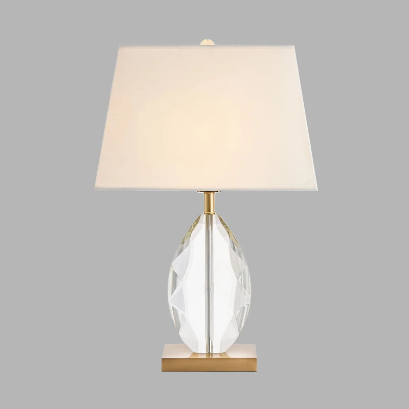 Ovale tafellamp met enkele lamp Traditionele witte kristallen nachtlamp met trapeziumvormige stoffen kap Clearhalo