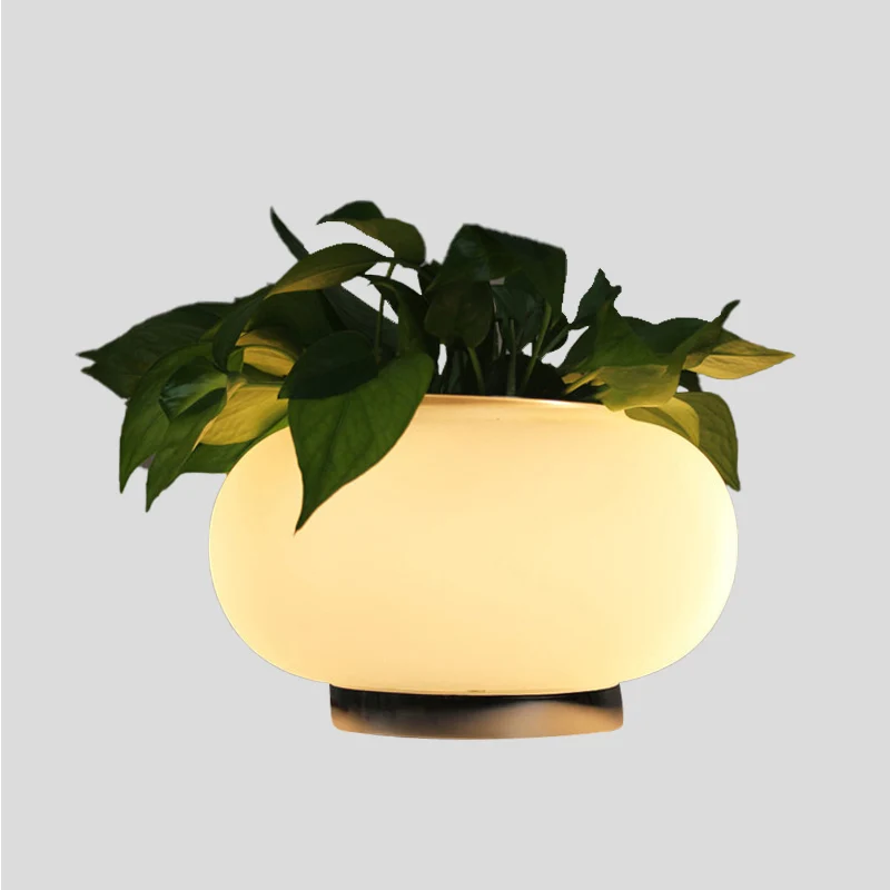Ovale tafellamp van wit glas, industriële LED-woonkamernachtkastjelamp met plantendecoratie Clearhalo