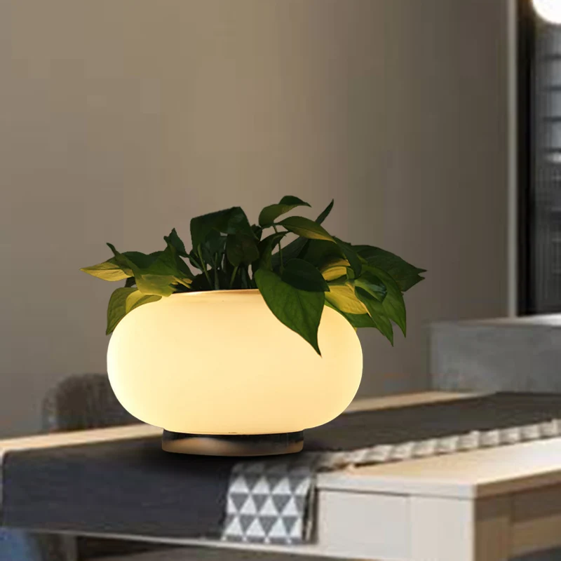 Ovale tafellamp van wit glas, industriële LED-woonkamernachtkastjelamp met plantendecoratie Clearhalo