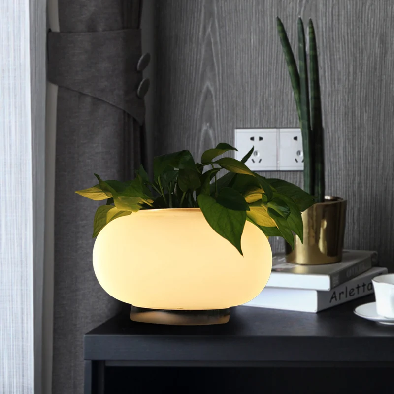 Ovale tafellamp van wit glas, industriële LED-woonkamernachtkastjelamp met plantendecoratie Clearhalo