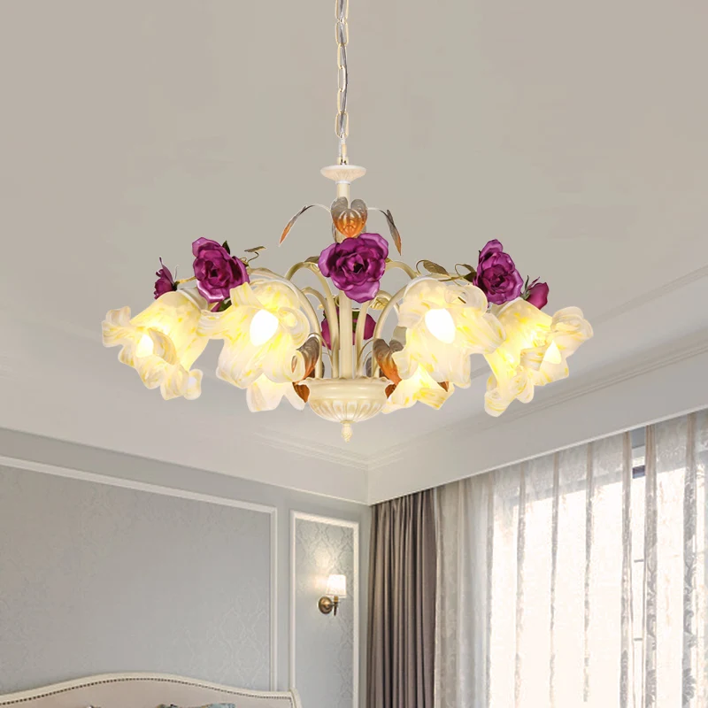 Paarse bloemenplafondlamp platteland wit glas 3/5/6 lampen eetkamer hangende kroonluchter Clearhalo
