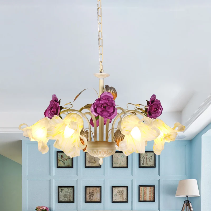 Paarse bloemenplafondlamp platteland wit glas 3/5/6 lampen eetkamer hangende kroonluchter Clearhalo