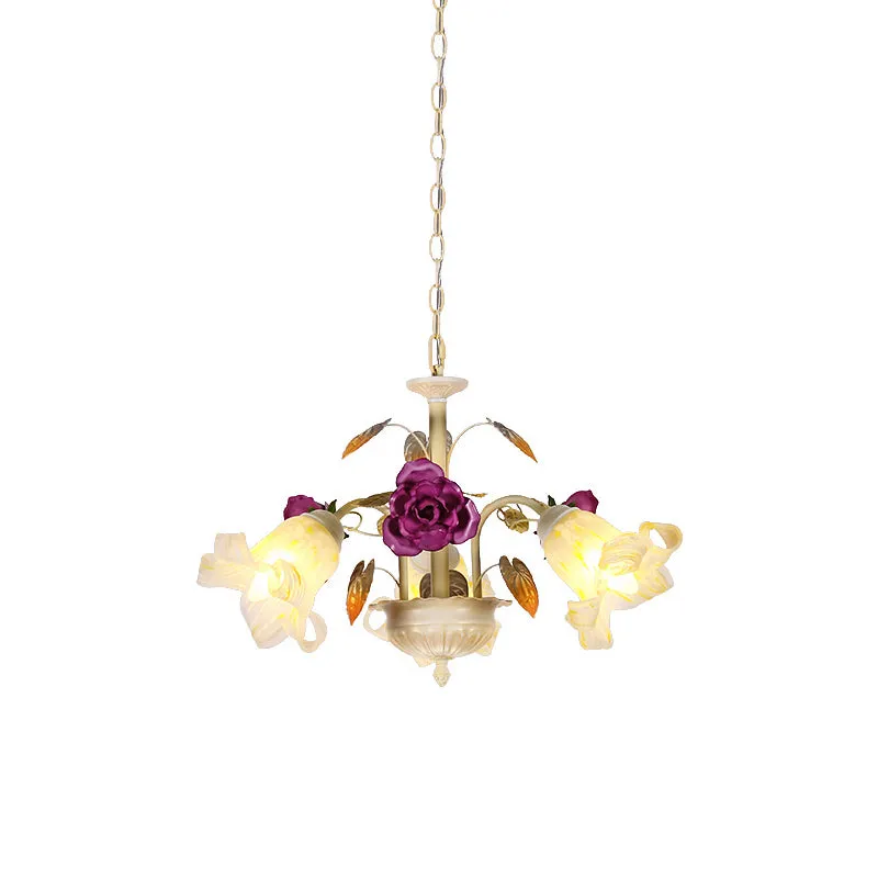 Paarse bloemenplafondlamp platteland wit glas 3/5/6 lampen eetkamer hangende kroonluchter Clearhalo