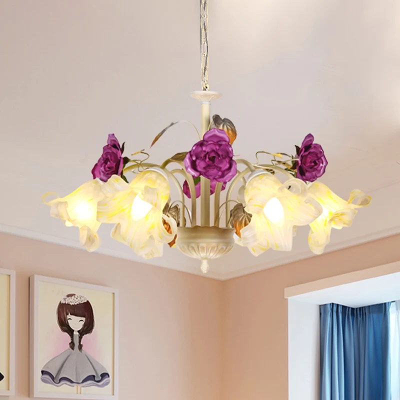 Paarse bloemenplafondlamp platteland wit glas 3/5/6 lampen eetkamer hangende kroonluchter Clearhalo