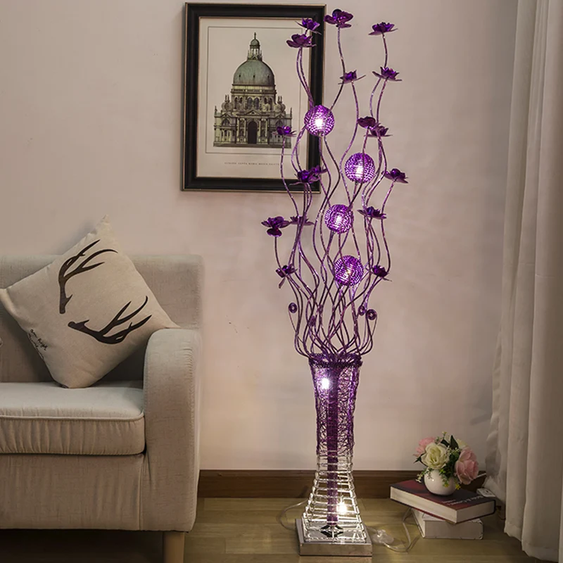 Paarse LED-vloerlamp Art Decor Aluminium Pagode Bloem Staande lamp met takjeontwerp Clearhalo