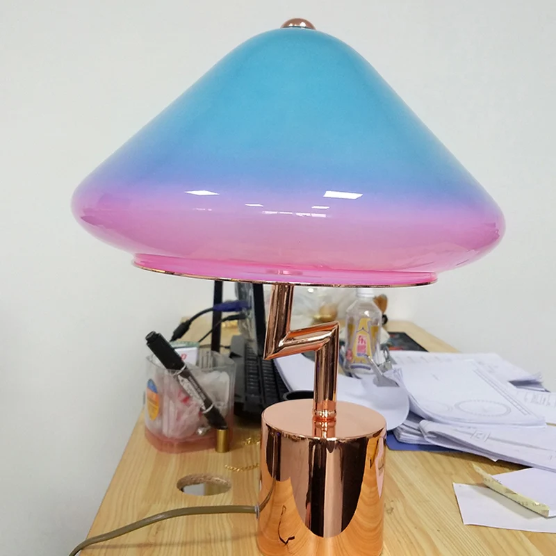 Paddestoel Bureaulamp Modernistisch Roze en Blauw Glas 1 Lamp Slaapkamer Nachttafellamp Clearhalo
