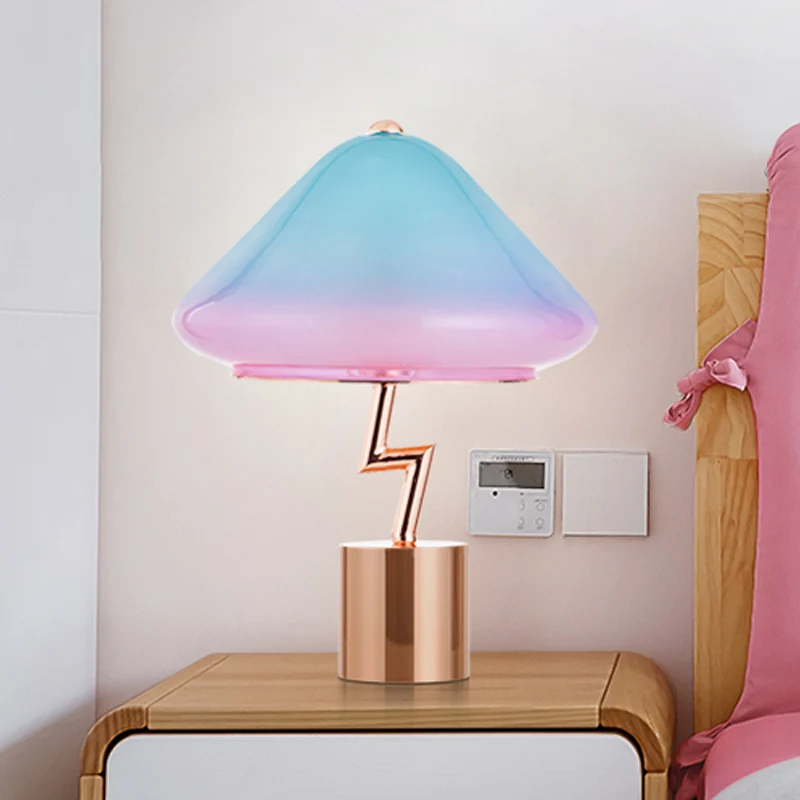 Paddestoel Bureaulamp Modernistisch Roze en Blauw Glas 1 Lamp Slaapkamer Nachttafellamp Clearhalo