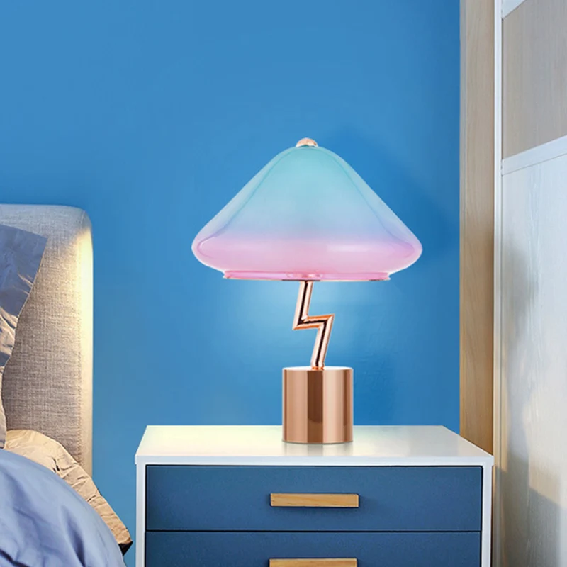 Paddestoel Bureaulamp Modernistisch Roze en Blauw Glas 1 Lamp Slaapkamer Nachttafellamp Clearhalo