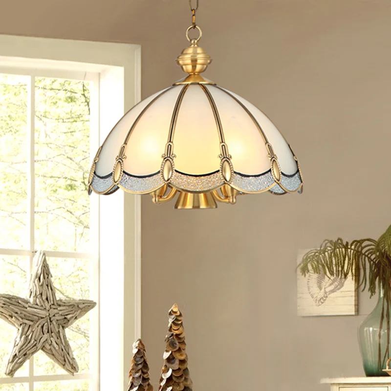 Parapluvormige eetkamer hanglamp antiek opaalglas gouden kroonluchter lichtarmatuur Clearhalo