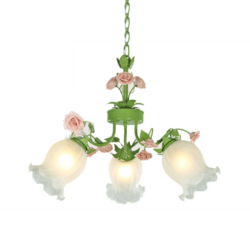Pastorale bloem hangende hanger 3/5 hoofden witte glazen kroonluchter verlichtingsarmatuur groen voor woonkamer Clearhalo