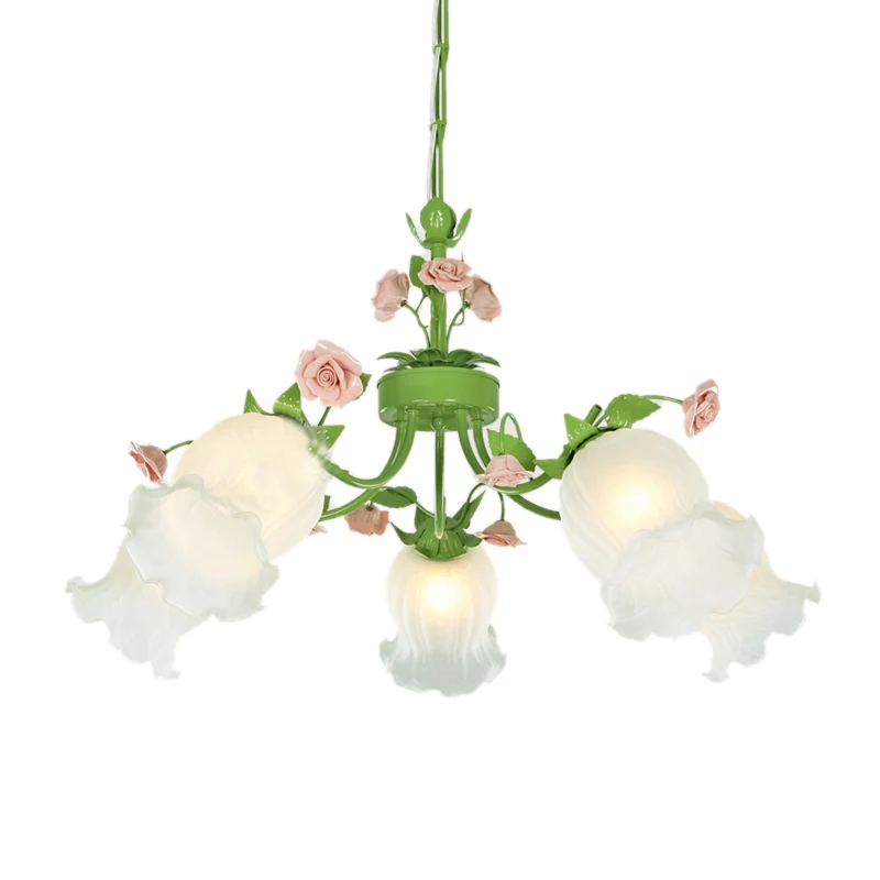 Pastorale bloem hangende hanger 3/5 hoofden witte glazen kroonluchter verlichtingsarmatuur groen voor woonkamer Clearhalo