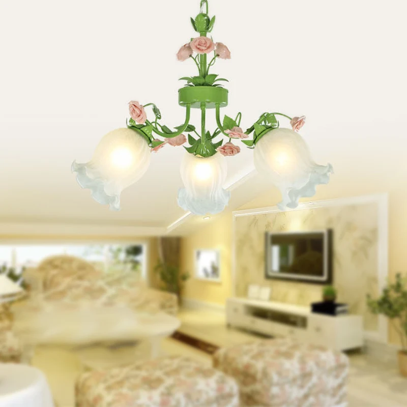 Pastorale bloem hangende hanger 3/5 hoofden witte glazen kroonluchter verlichtingsarmatuur groen voor woonkamer Clearhalo
