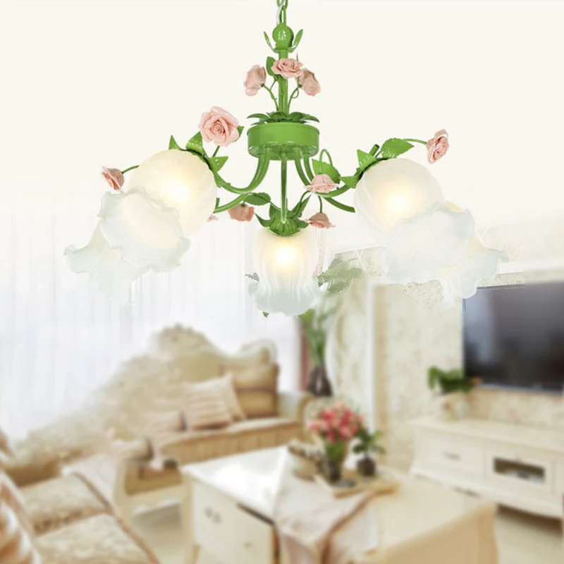 Pastorale bloem hangende hanger 3/5 hoofden witte glazen kroonluchter verlichtingsarmatuur groen voor woonkamer Clearhalo