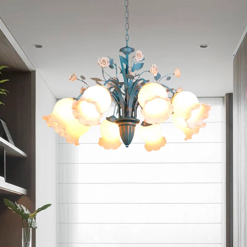 Pastorale bloesem kroonluchter verlichtingsarmatuur 3/5/6 koppen wit glazen hangende plafondlamp blauw Clearhalo