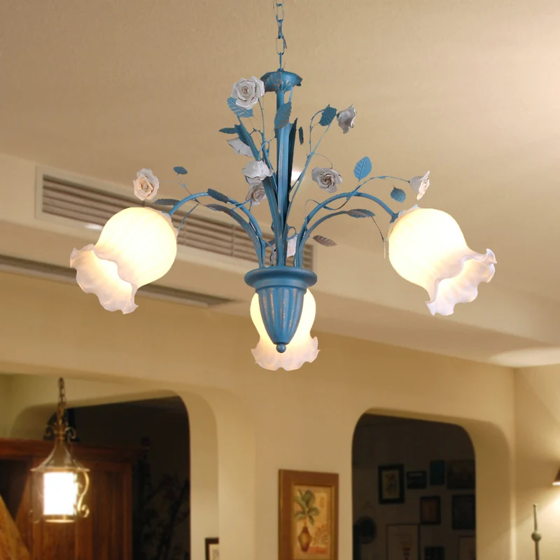 Pastorale bloesem kroonluchter verlichtingsarmatuur 3/5/6 koppen wit glazen hangende plafondlamp blauw Clearhalo