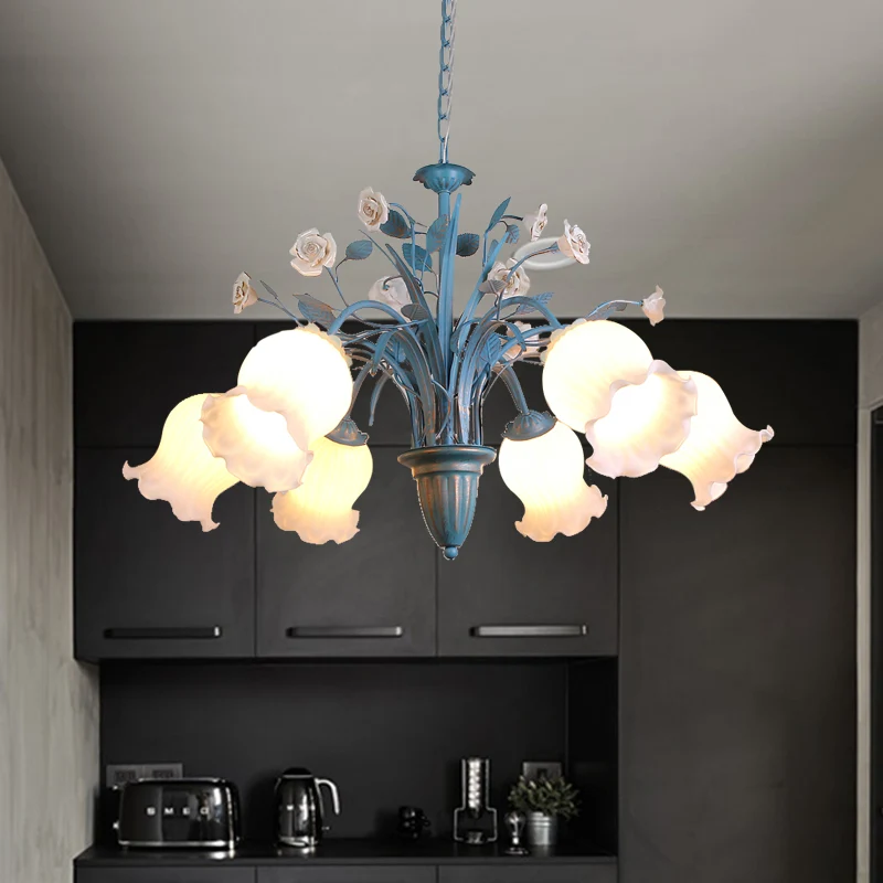 Pastorale bloesem kroonluchter verlichtingsarmatuur 3/5/6 koppen wit glazen hangende plafondlamp blauw Clearhalo