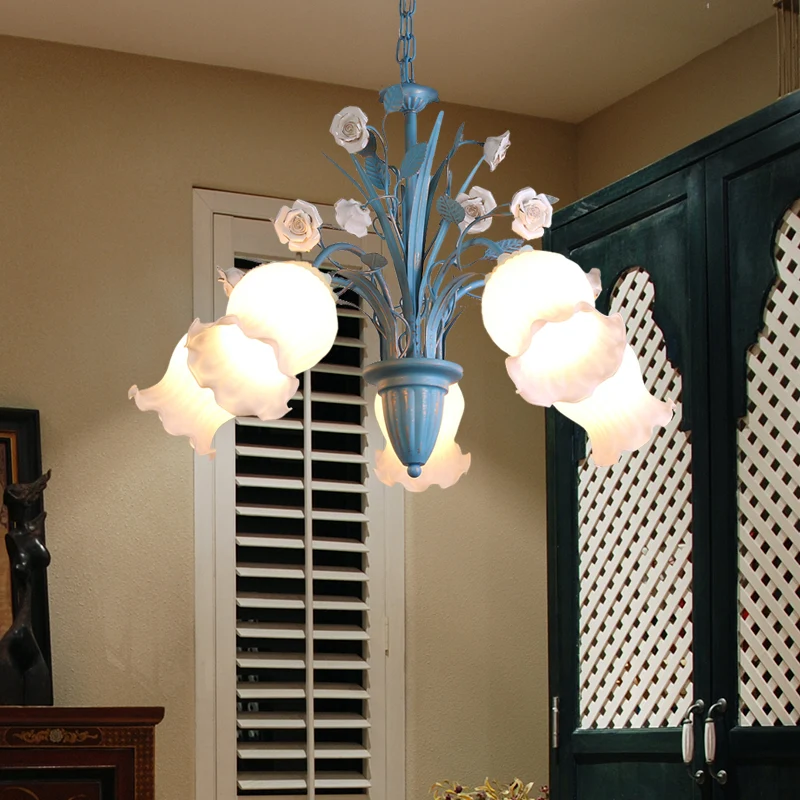Pastorale bloesem kroonluchter verlichtingsarmatuur 3/5/6 koppen wit glazen hangende plafondlamp blauw Clearhalo