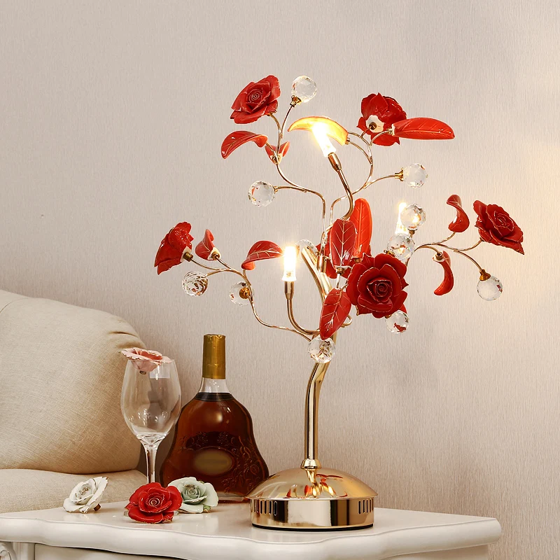 Pastorale Rosebush tafelverlichting keramische nachtkastjelamp met kristallen decor voor nachtkastje Clearhalo