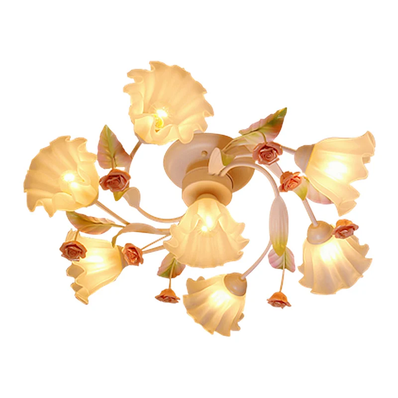Pastorale stijl bloemen semi-inbouw 4/7-lichts metalen plafondlamp met matglazen kap wit Clearhalo