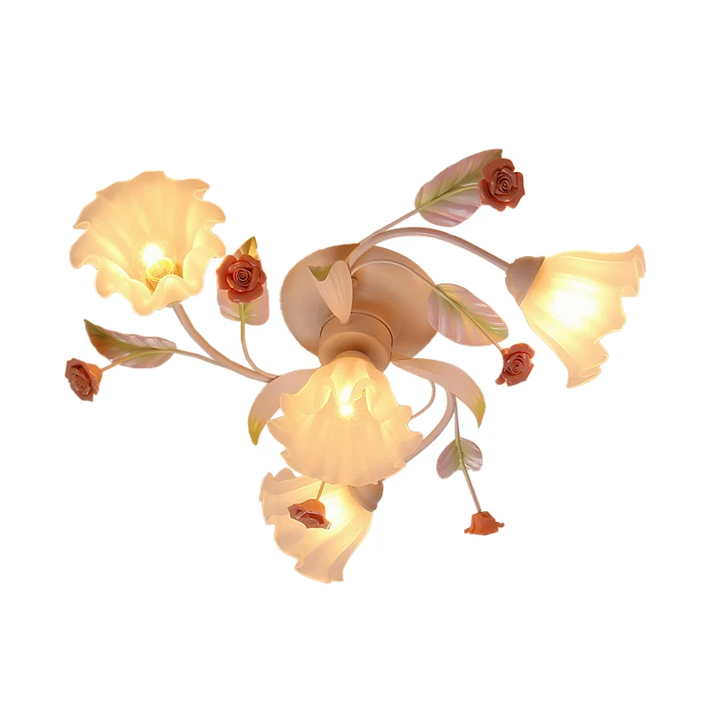 Pastorale stijl bloemen semi-inbouw 4/7-lichts metalen plafondlamp met matglazen kap wit Clearhalo