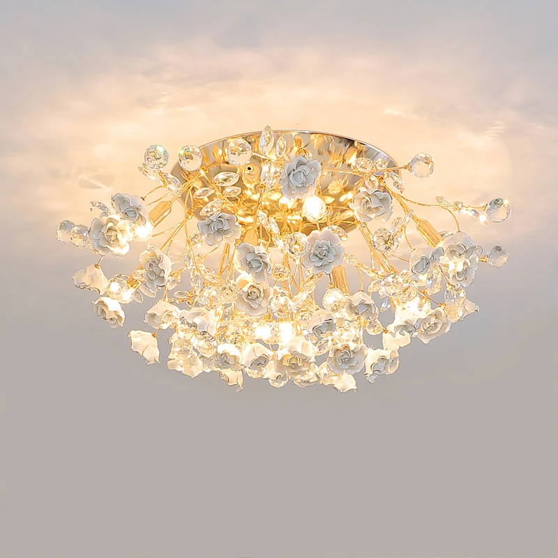 Pastorale stijl Rosebush plafondlamp Keramisch semi-inbouw armatuur met kristallen decor Clearhalo