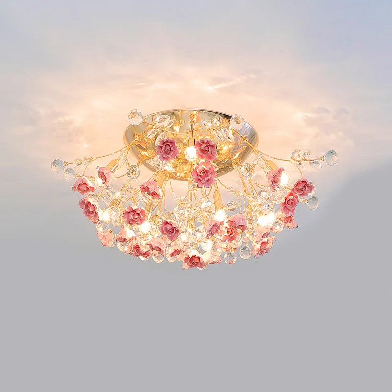 Pastorale stijl Rosebush plafondlamp Keramisch semi-inbouw armatuur met kristallen decor Clearhalo