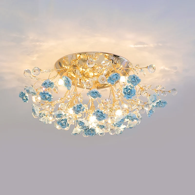 Pastorale stijl Rosebush plafondlamp Keramisch semi-inbouw armatuur met kristallen decor Clearhalo