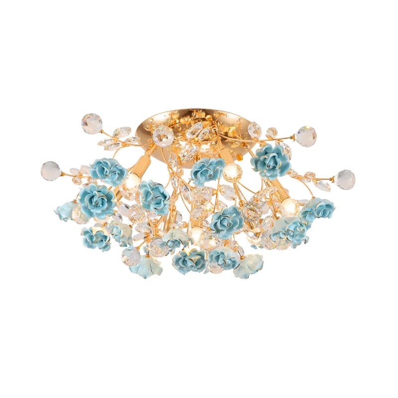 Pastorale stijl Rosebush plafondlamp Keramisch semi-inbouw armatuur met kristallen decor Clearhalo