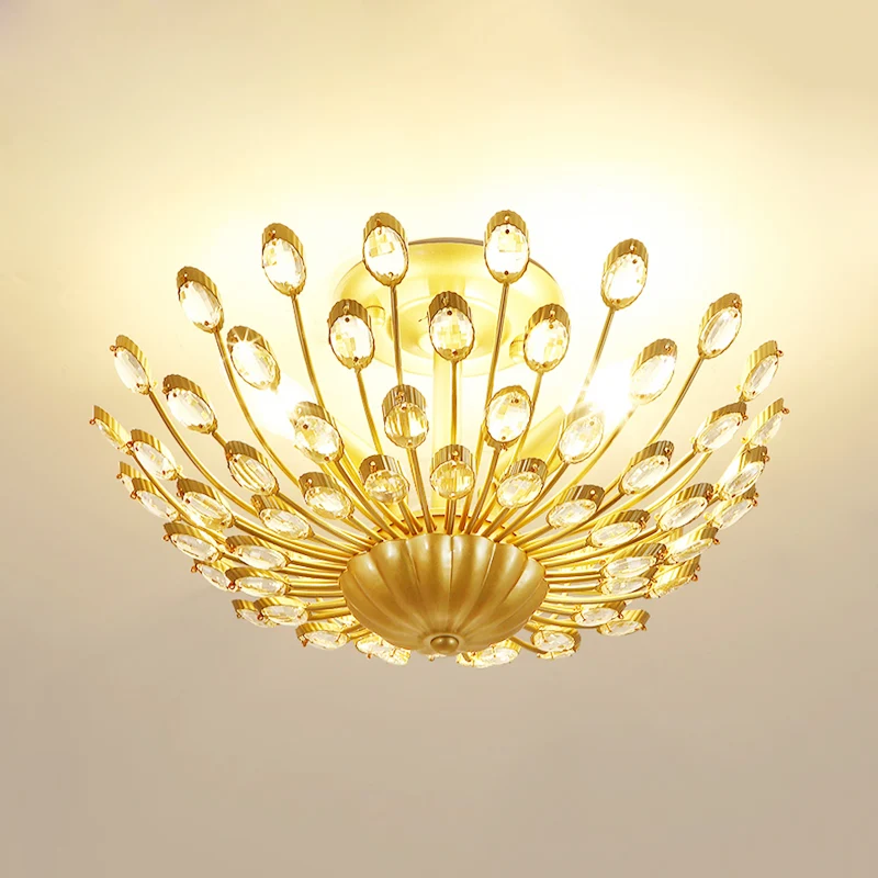 Peacock Crystal semi-inbouwlamp Vintage 3-lichts slaapkamerplafondlamp goud Clearhalo