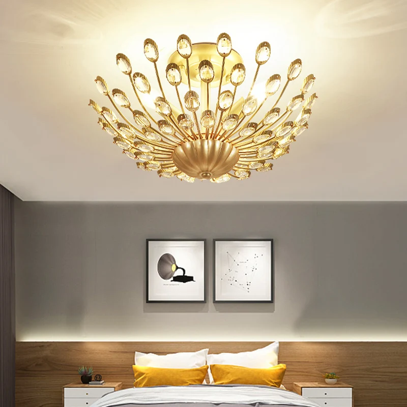 Peacock Crystal semi-inbouwlamp Vintage 3-lichts slaapkamerplafondlamp goud Clearhalo