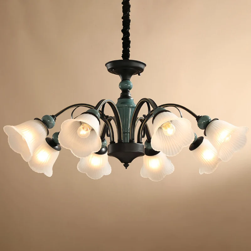 Peacock Green 5/6/8 Lampen Drop Lamp Rustieke Geribbelde Frosted Glass Flower Blossom Kroonluchter Clearhalo