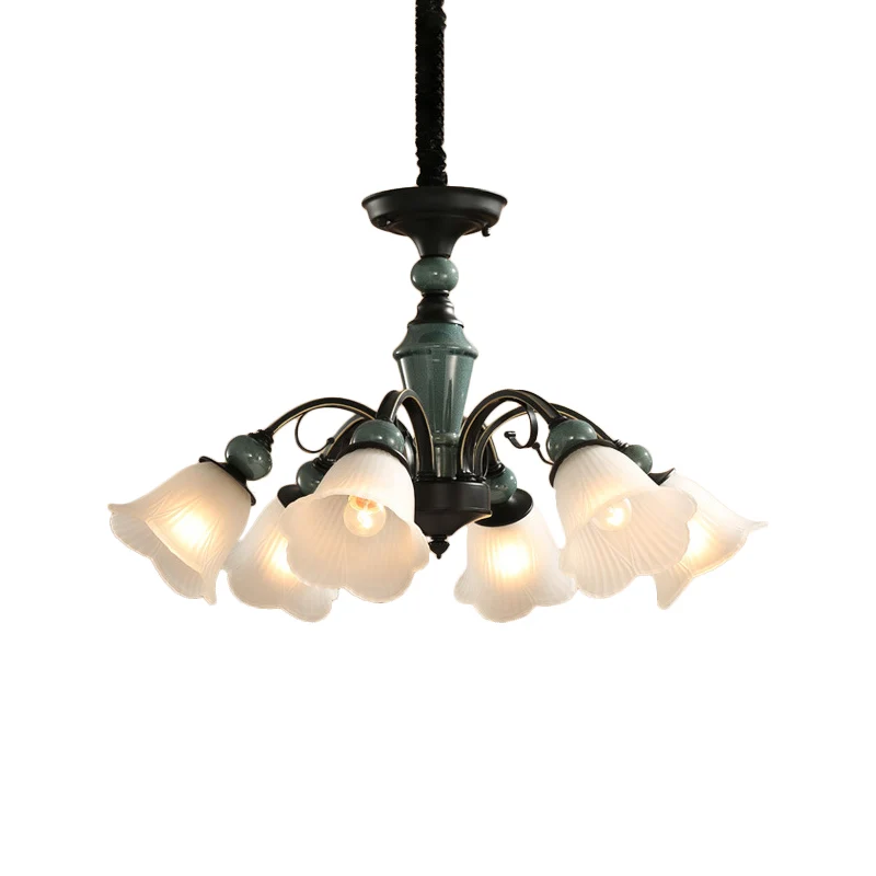 Peacock Green 5/6/8 Lampen Drop Lamp Rustieke Geribbelde Frosted Glass Flower Blossom Kroonluchter Clearhalo