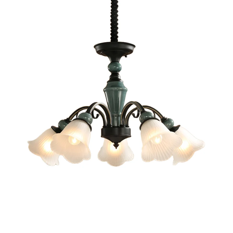 Peacock Green 5/6/8 Lampen Drop Lamp Rustieke Geribbelde Frosted Glass Flower Blossom Kroonluchter Clearhalo