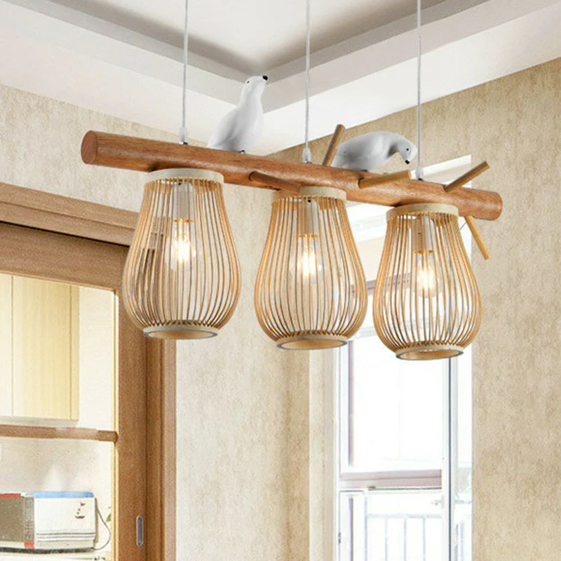 Peervormige hanglamp Scandinavische stijl, bamboe, eetkamer, hangend eilandlicht met vogeldecor hout Clearhalo