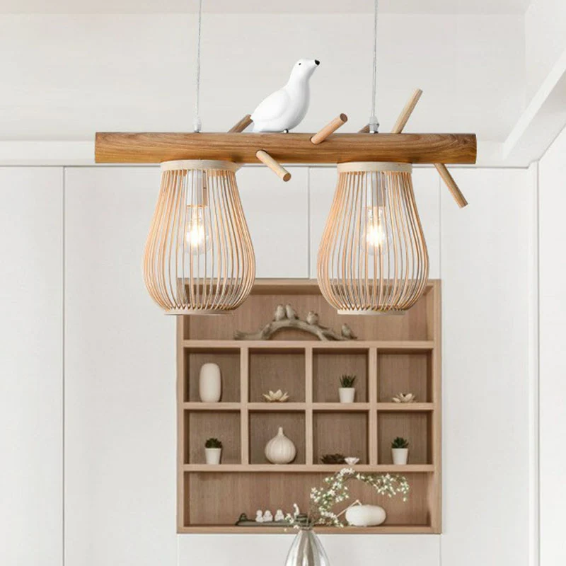 Peervormige hanglamp Scandinavische stijl, bamboe, eetkamer, hangend eilandlicht met vogeldecor hout Clearhalo