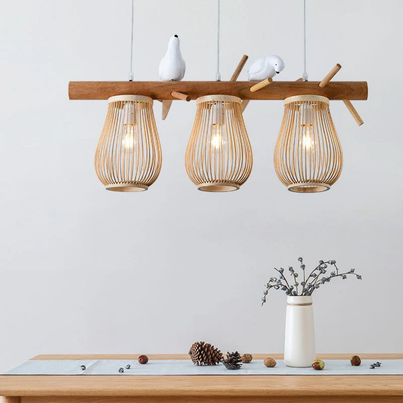Peervormige hanglamp Scandinavische stijl, bamboe, eetkamer, hangend eilandlicht met vogeldecor hout Clearhalo