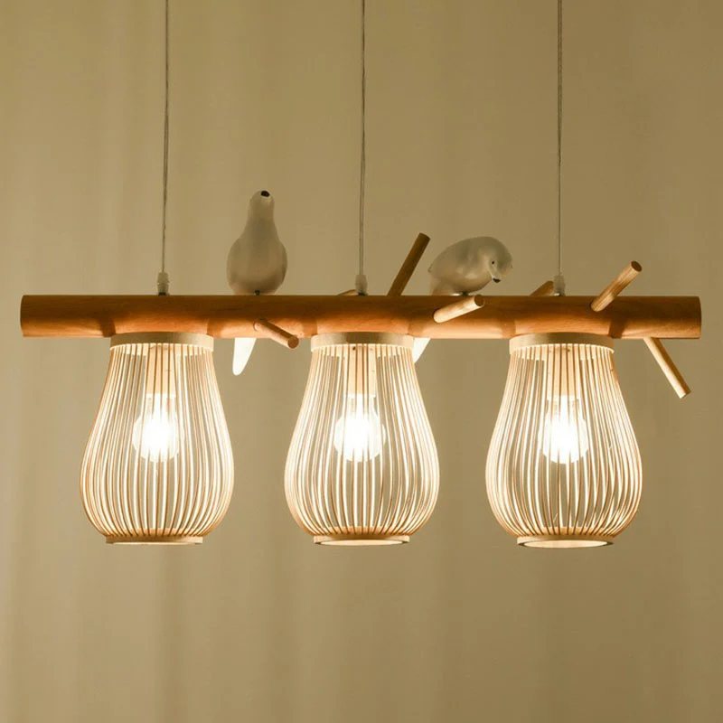 Peervormige hanglamp Scandinavische stijl, bamboe, eetkamer, hangend eilandlicht met vogeldecor hout Clearhalo