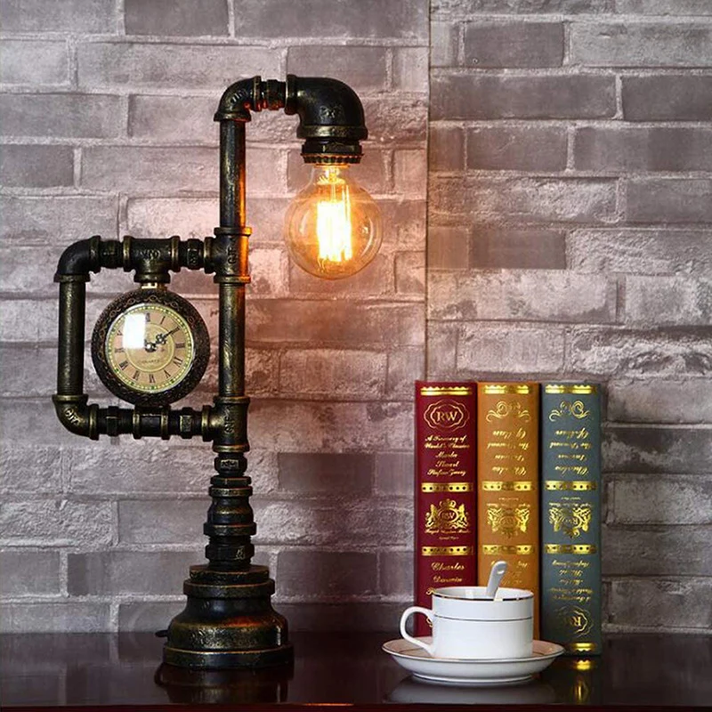Pijp en Klok Slaapkamer Tafellamp Industrieel Metaal 1 Kop Bronzen Nachtkastje Lamp Clearhalo