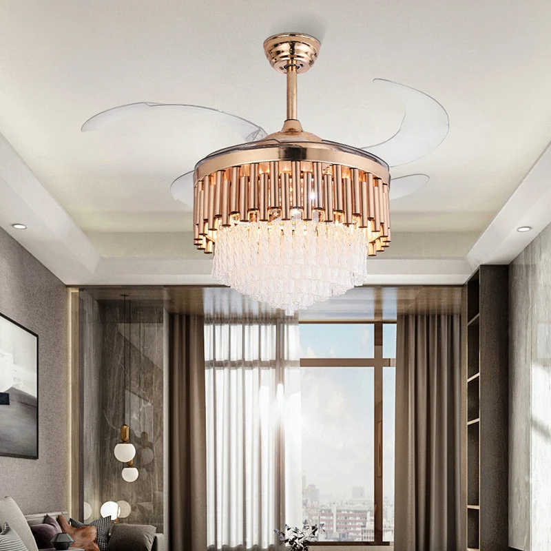 Pijp-plafondventilator Licht Modern Kristal Goud Led-inbouwlamp met afstandsbediening/frequentieconversie voor woonkamer C...