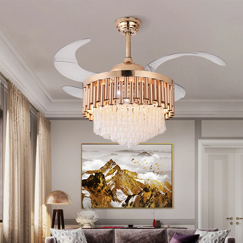 Pijp-plafondventilator Licht Modern Kristal Goud Led-inbouwlamp met afstandsbediening/frequentieconversie voor woonkamer C...