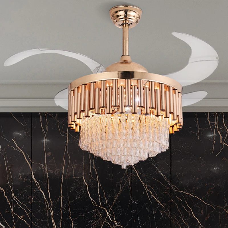 Pijp-plafondventilator Licht Modern Kristal Goud Led-inbouwlamp met afstandsbediening/frequentieconversie voor woonkamer C...