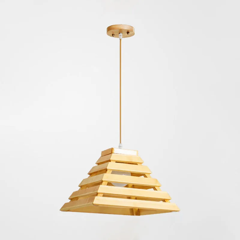 Piramide hanglamp Aziatisch houten 1-lamps eettafel hanglamp met kooiontwerp beige Clearhalo