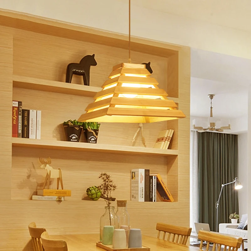 Piramide hanglamp Aziatisch houten 1-lamps eettafel hanglamp met kooiontwerp beige Clearhalo