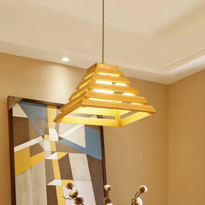 Piramide hanglamp Aziatisch houten 1-lamps eettafel hanglamp met kooiontwerp beige Clearhalo