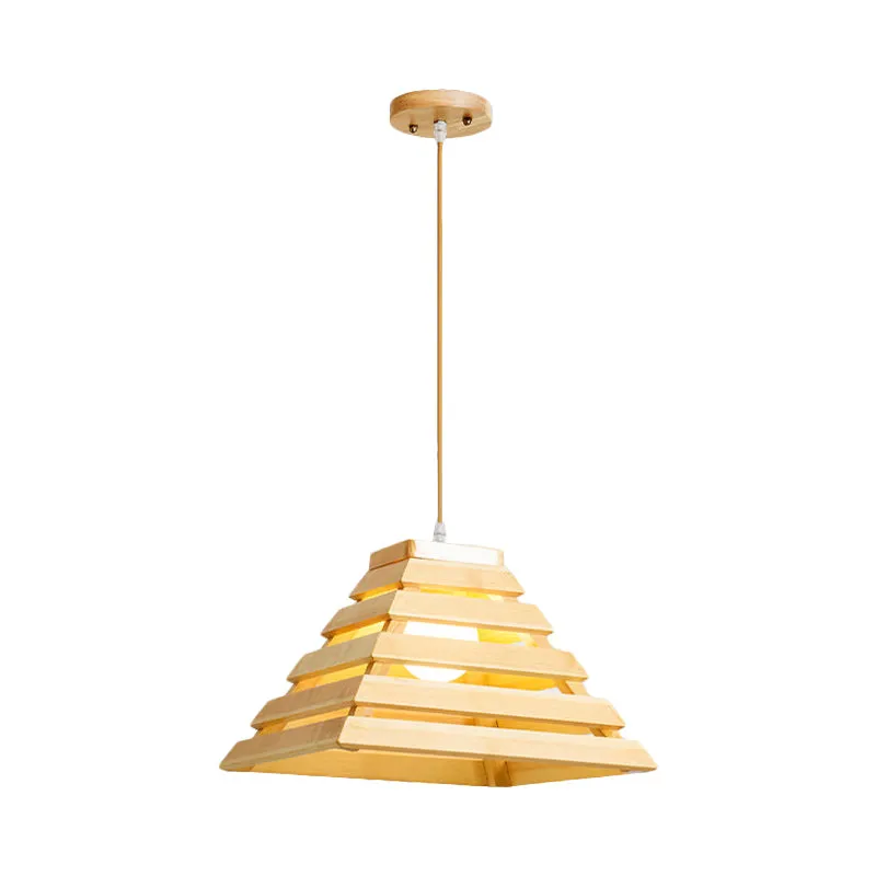 Piramide hanglamp Aziatisch houten 1-lamps eettafel hanglamp met kooiontwerp beige Clearhalo