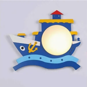 Piratenschip Houten Wandmontage Armatuur Kinder Roze/Blauwe LED Wandkandelaar Verlichting met Ronde Opaal Glazen Kap Clear...