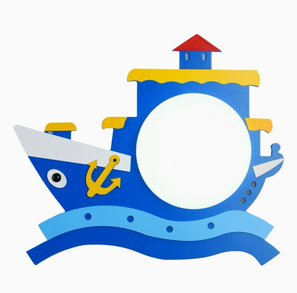 Piratenschip Houten Wandmontage Armatuur Kinder Roze/Blauwe LED Wandkandelaar Verlichting met Ronde Opaal Glazen Kap Clear...