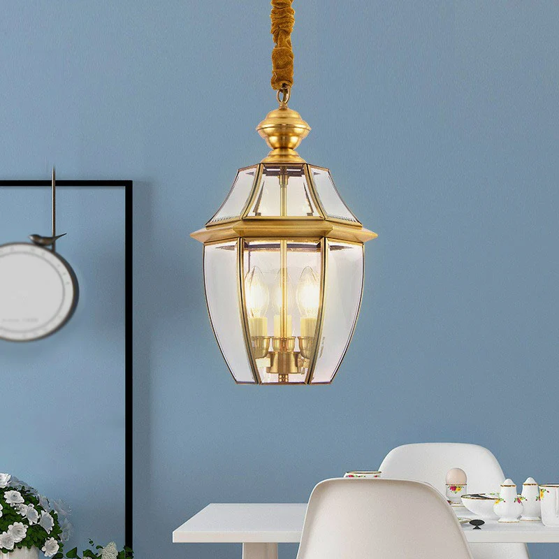 Plafond hangende lantaarn antieke ovale helder glazen hanglamp messing voor eetkamer Clearhalo